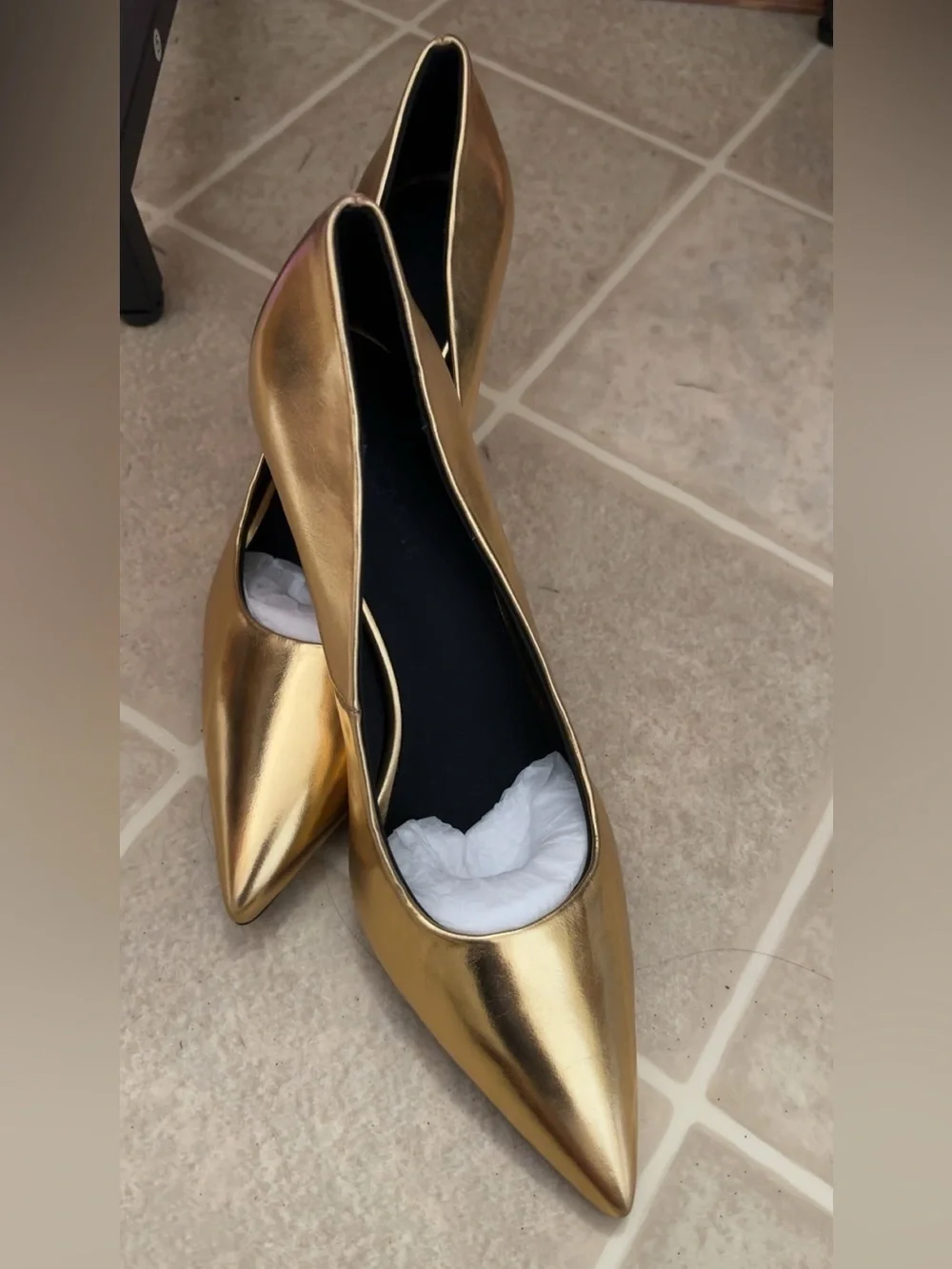 VACCASHE Gold Pointed-Toe Kitten Heel